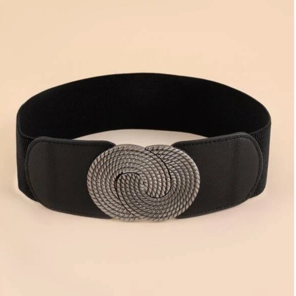 Black Symmetrical Round Buckle Wide Elastic Belt - Picture 1 of 9